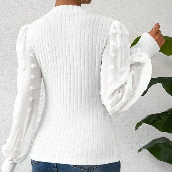 White Casual Women's Round Neck Slim-Fit Top With Mesh Contrast - Picture 2 of 6